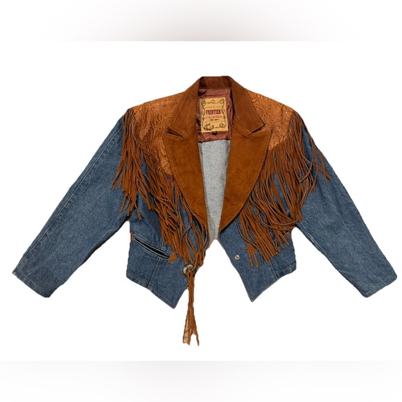 Vintage Frontier Collection Denim Leather & Suede Fringe Western Jacket Size Med - Picture 5 of 10